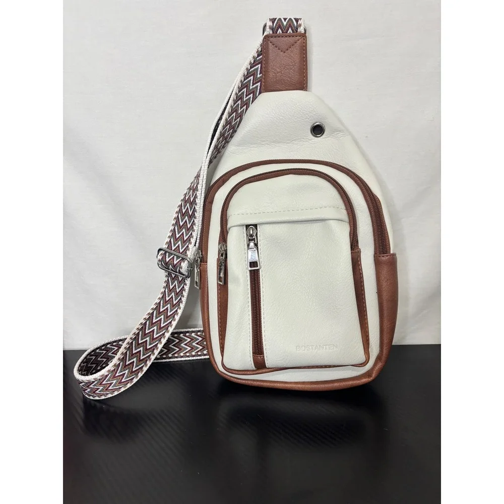 Women's Crossbody Purse White Brown Vegan Leather Bag Chevron Guitar Strap